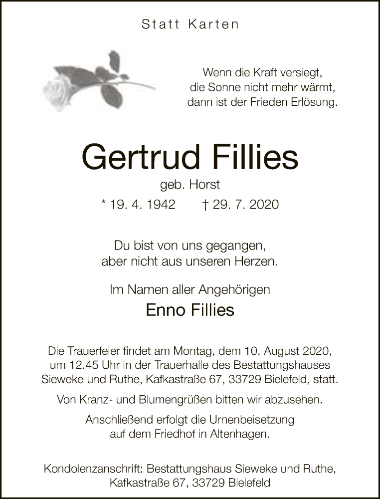  Traueranzeige für Gertrud Fillies vom 01.08.2020 aus Neue Westfälische