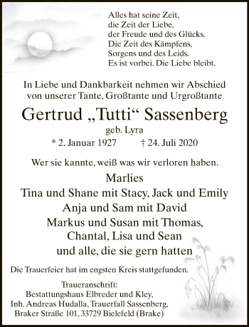 Traueranzeige von Gertrud  Sassenberg von Neue Westfälische