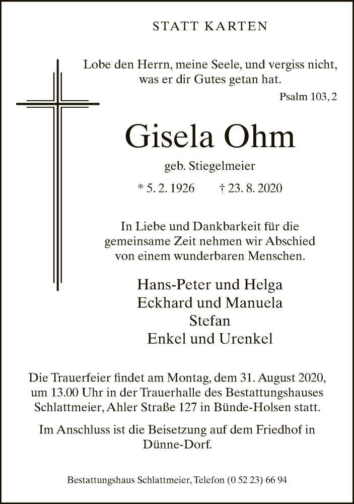  Traueranzeige für Gisela Ohm vom 26.08.2020 aus Neue Westfälische