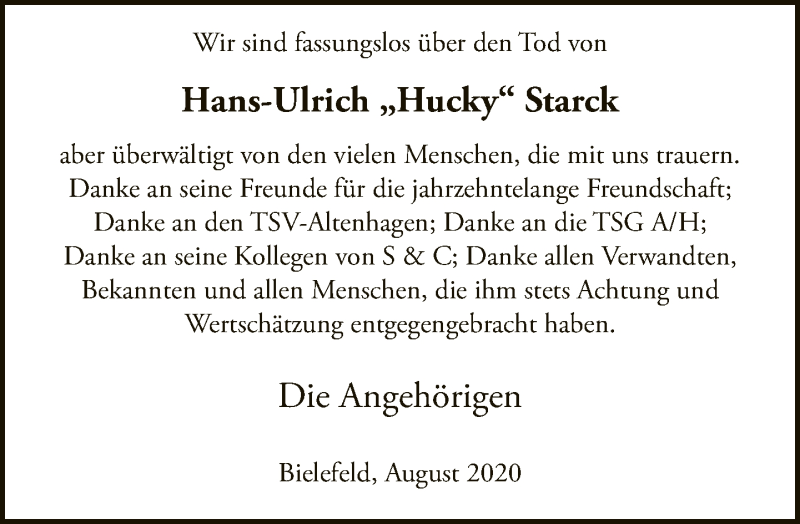  Traueranzeige für Hans-Ulrich Starck vom 15.08.2020 aus Neue Westfälische