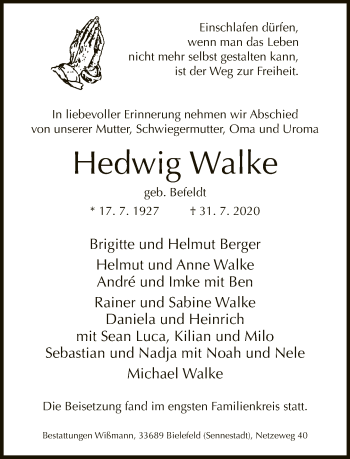 Traueranzeige von Hedwig Walke von Neue Westfälische