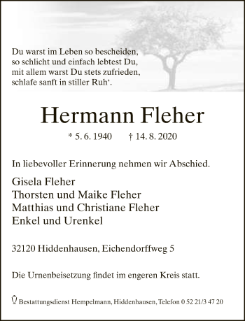Traueranzeige von Hermann Fleher von Neue Westfälische