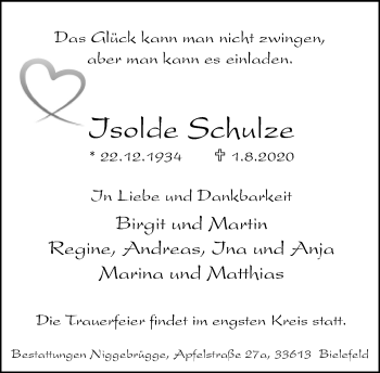 Traueranzeige von Isolde Schulze von Neue Westfälische