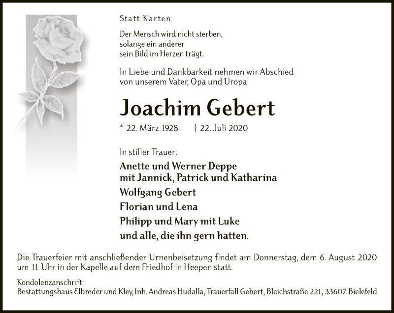  Traueranzeige für Joachim Gebert vom 01.08.2020 aus Neue Westfälische