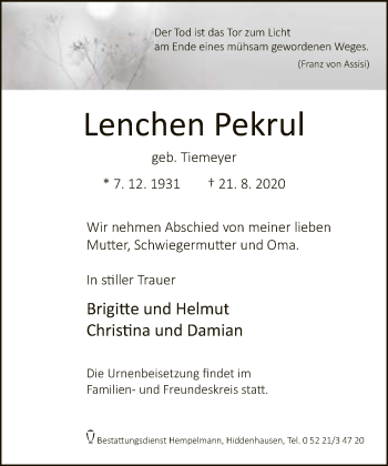 Traueranzeige von Lenchen Pekrul von Neue Westfälische
