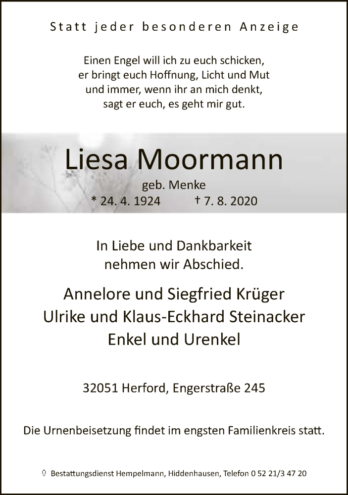  Traueranzeige für Liesa Moormann vom 08.08.2020 aus Neue Westfälische