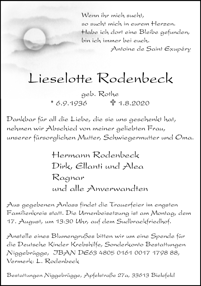  Traueranzeige für Lieselotte Rodenbeck vom 08.08.2020 aus Neue Westfälische