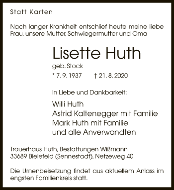 Traueranzeige von Lisette Huth von Neue Westfälische