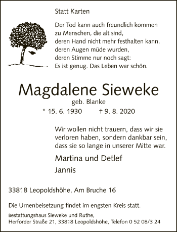Traueranzeige von Magdalene Sieweke von Neue Westfälische