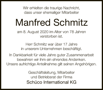Traueranzeige von Manfred Schmitz von Neue Westfälische