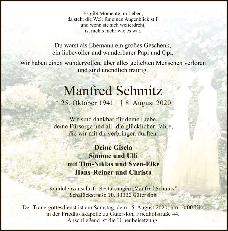  Traueranzeige für Manfred Schmitz vom 12.08.2020 aus Neue Westfälische