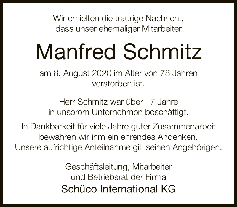  Traueranzeige für Manfred Schmitz vom 19.08.2020 aus Neue Westfälische