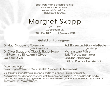 Traueranzeige von Margret Skopp von Neue Westfälische