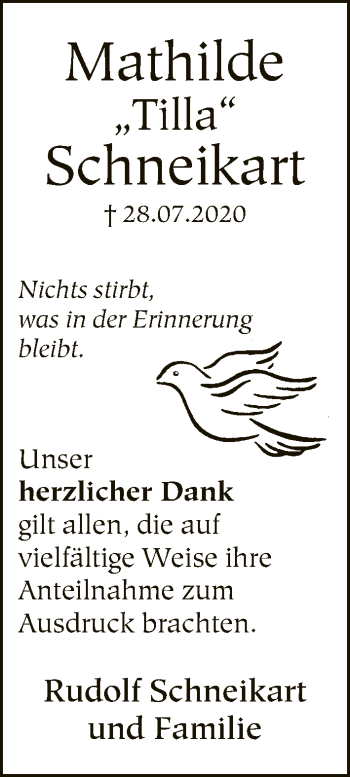 Traueranzeige von Mathilde Schneikart von Neue Westfälische