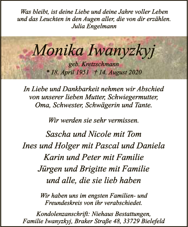  Traueranzeige für Monika Iwanyzkyj vom 29.08.2020 aus Neue Westfälische