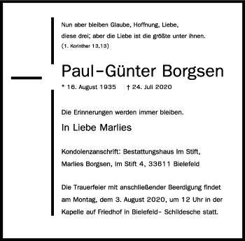Traueranzeige von Paul-Günter Borgsen von Neue Westfälische