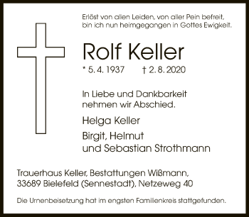 Traueranzeige von Rolf Keller von Neue Westfälische