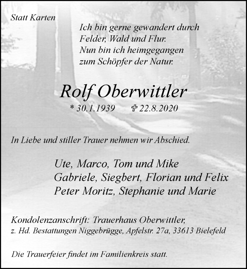  Traueranzeige für Rolf Oberwittler vom 29.08.2020 aus Neue Westfälische