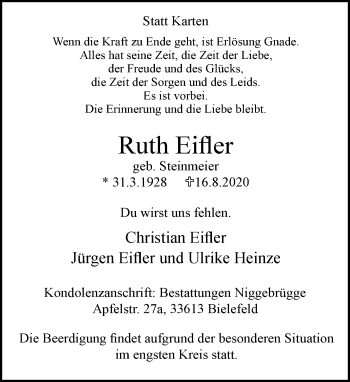 Traueranzeige von Ruth Eifler von Neue Westfälische
