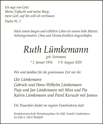 Traueranzeige von Ruth Lümkemann von Neue Westfälische