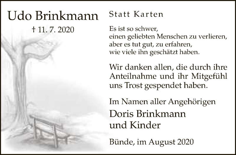  Traueranzeige für Udo Brinkmann vom 29.08.2020 aus Neue Westfälische