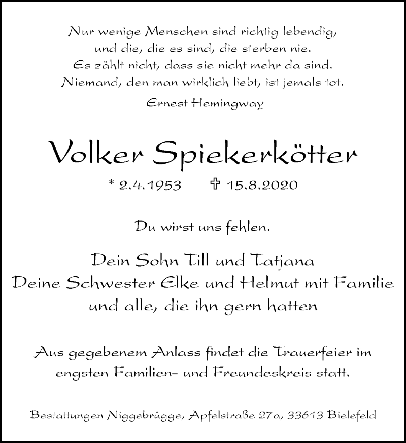  Traueranzeige für Volker Spiekerkötter vom 22.08.2020 aus Neue Westfälische