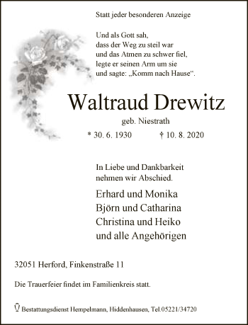 Traueranzeige von Waltraud Drewitz von Neue Westfälische