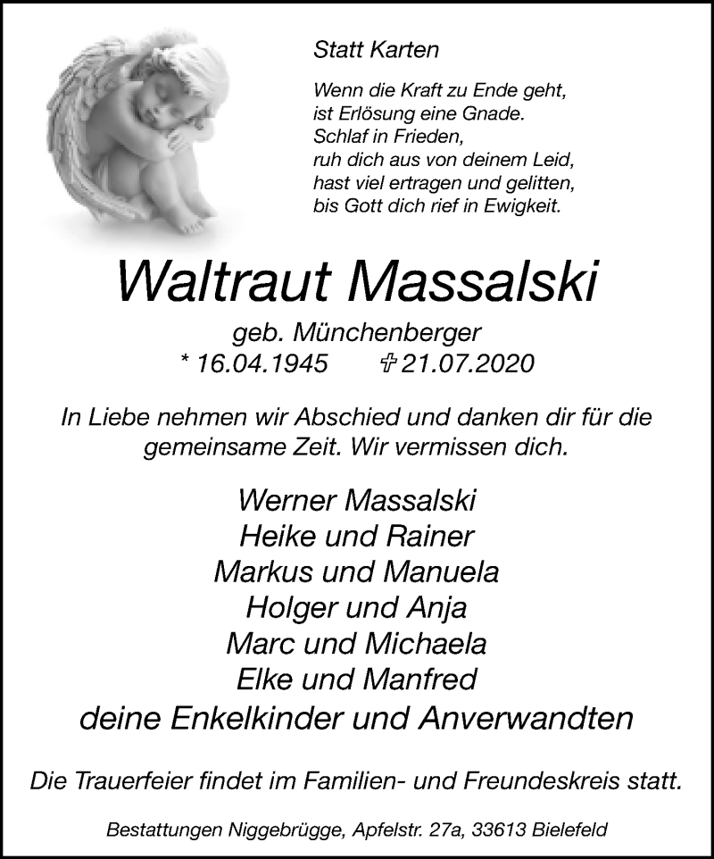  Traueranzeige für Waltraut Massalski vom 01.08.2020 aus Neue Westfälische