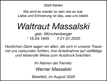 Traueranzeige von Waltraut Massalski von Neue Westfälische