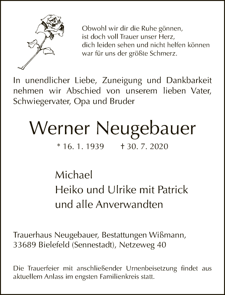  Traueranzeige für Werner Neugebauer vom 08.08.2020 aus Neue Westfälische