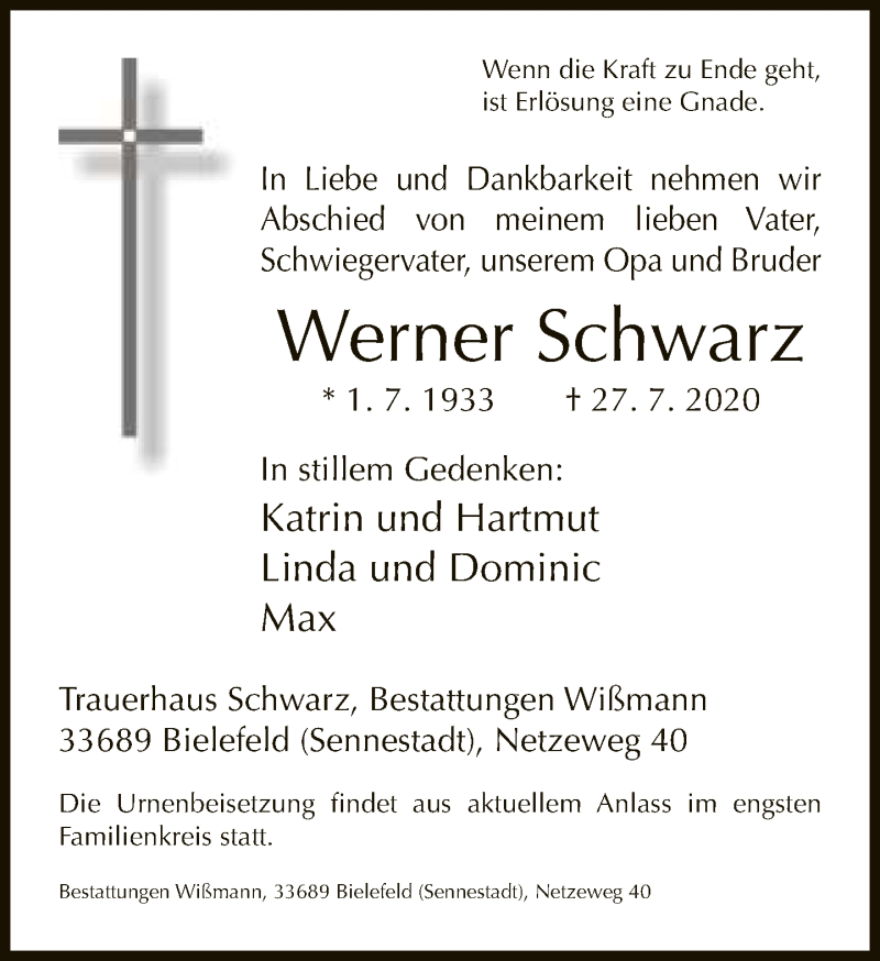  Traueranzeige für Werner Schwarz vom 01.08.2020 aus Neue Westfälische