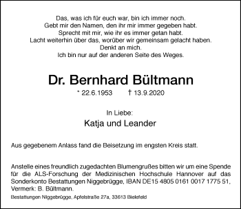 Traueranzeige von Bernhard Bültmann von Neue Westfälische