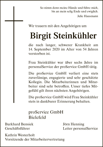 Traueranzeige von Birgit Steinkühler von Neue Westfälische