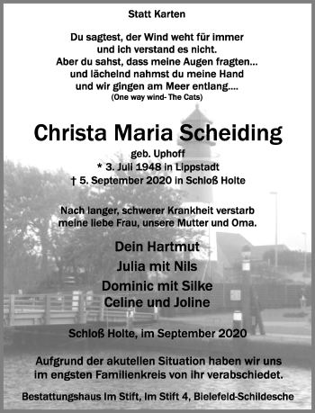 Traueranzeige von Christa Maria Scheiding von Neue Westfälische