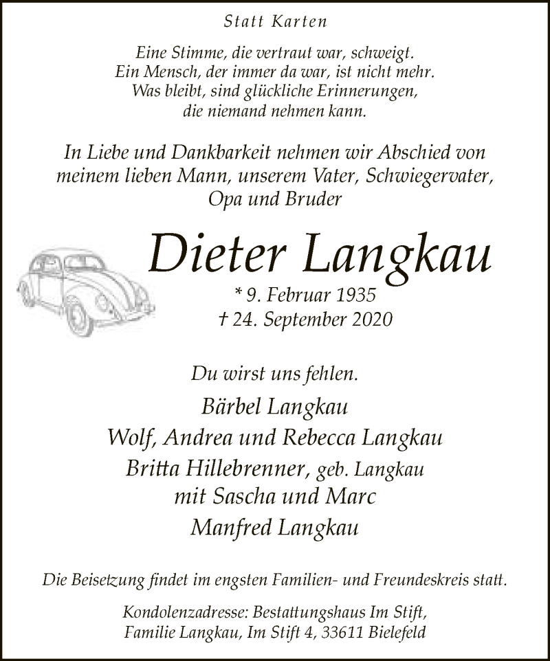  Traueranzeige für Dieter Langkau vom 26.09.2020 aus Neue Westfälische