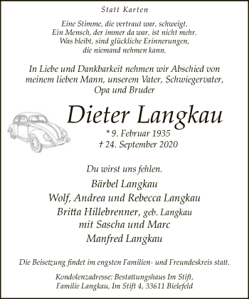 Traueranzeige von Dieter Langkau von Neue Westfälische