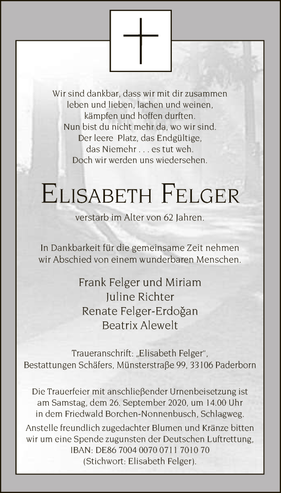  Traueranzeige für Elisabeth Felger vom 19.09.2020 aus Neue Westfälische