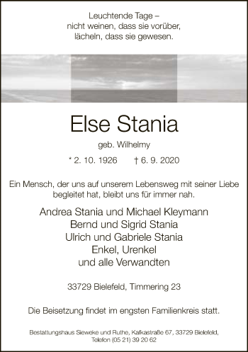 Traueranzeige von Else Stania von Neue Westfälische