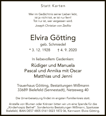 Traueranzeige von Elvira Götting von Neue Westfälische