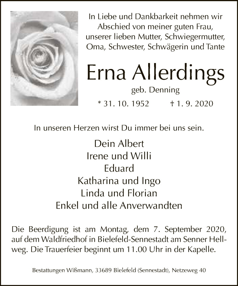  Traueranzeige für Erna Allerdings vom 03.09.2020 aus Neue Westfälische