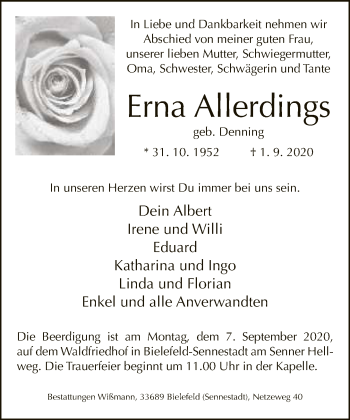 Traueranzeige von Erna Allerdings von Neue Westfälische