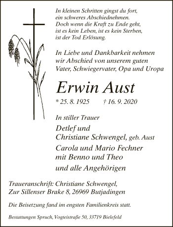 Traueranzeige von Erwin Aust von Neue Westfälische