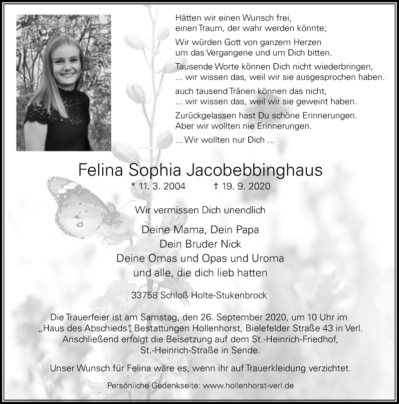  Traueranzeige für Felina Sophia Jacobebbinghaus vom 23.09.2020 aus Neue Westfälische