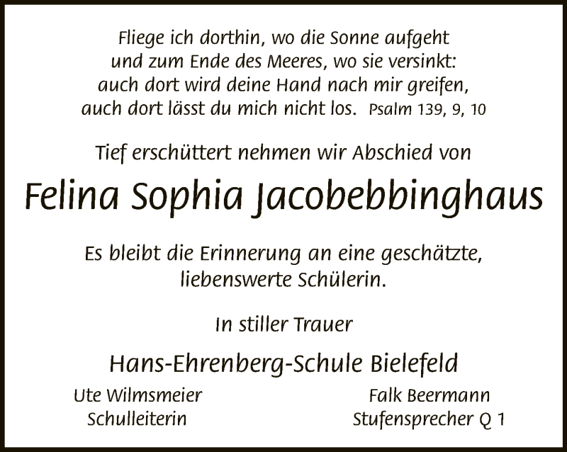  Traueranzeige für Felina Sophia Jacobebbinghaus vom 24.09.2020 aus Neue Westfälische