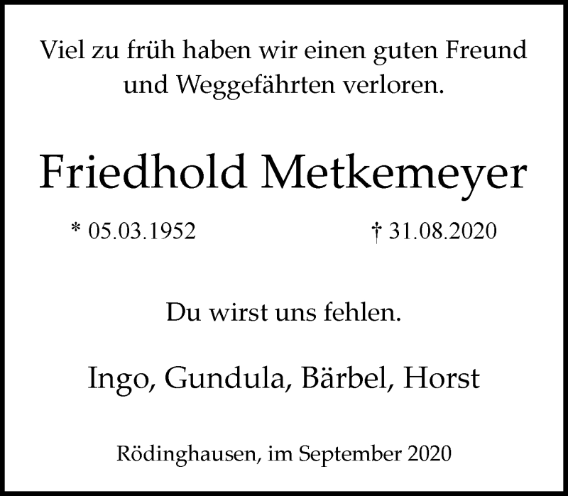  Traueranzeige für Friedhold Metkemeyer vom 05.09.2020 aus Neue Westfälische