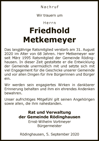 Traueranzeige von Friedhold Metkemeyer von Neue Westfälische