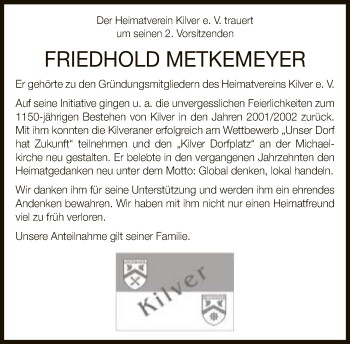 Traueranzeige von Friedhold Metkemeyer von Neue Westfälische