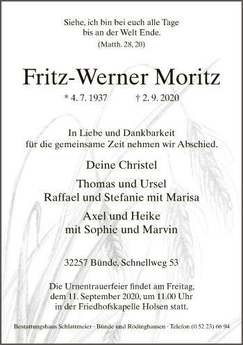Traueranzeige von Fritz-Werner Moritz von Neue Westfälische