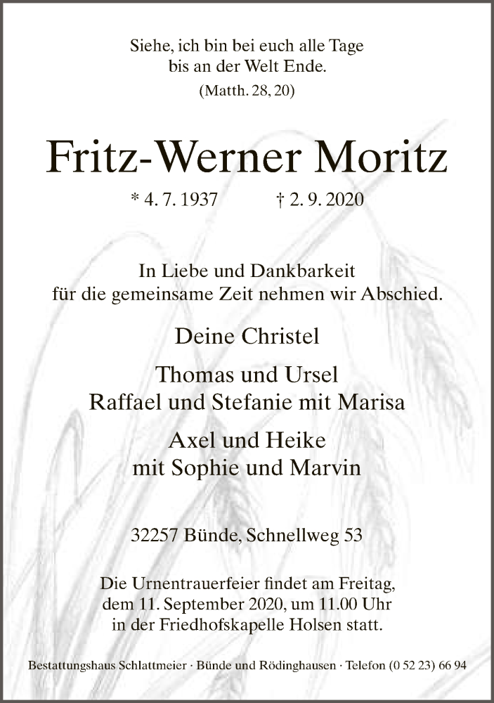  Traueranzeige für Fritz-Werner Moritz vom 05.09.2020 aus Neue Westfälische