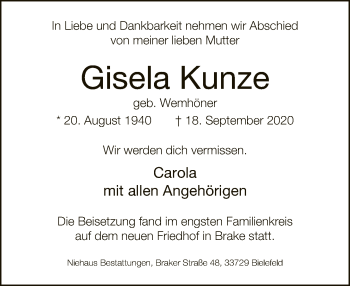 Traueranzeige von Gisela Kunze von Neue Westfälische
